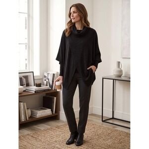 Joseph Ribkoff Black Cowl Neck Crossover Poncho Sweater Knit Wrap 213282 Size 10